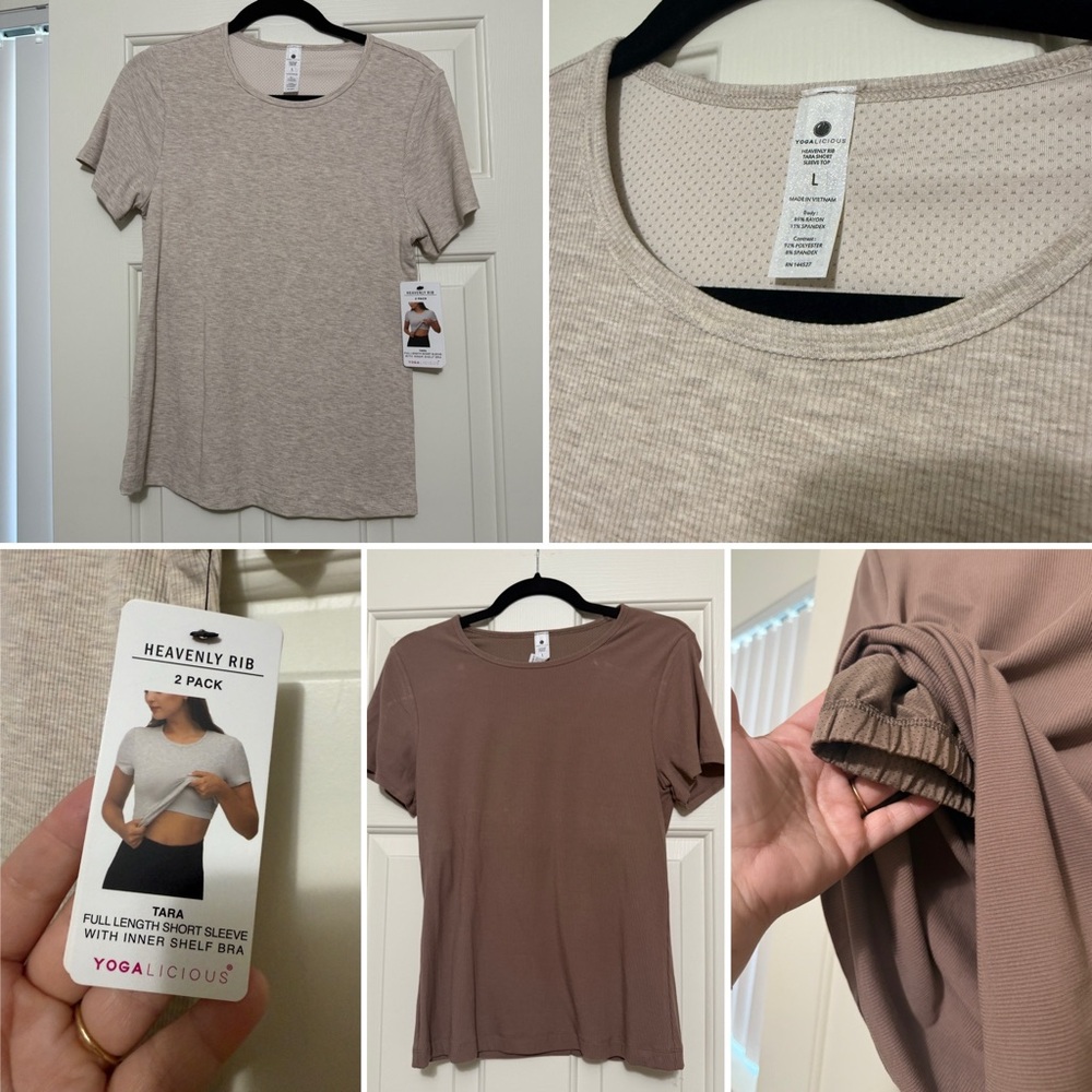 Yogalicious Women's Short Sleeve Ribbed Tops - Cream and Brown